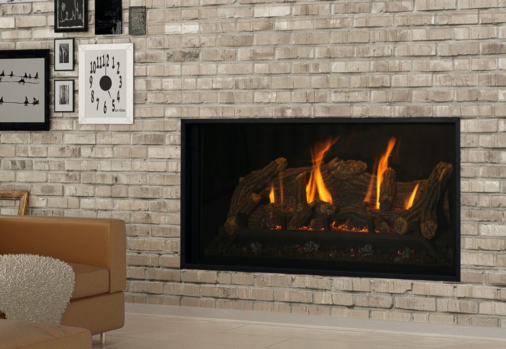 A Kozy Heat Bellingham 44 gas fireplace burning in a brick living-room wall