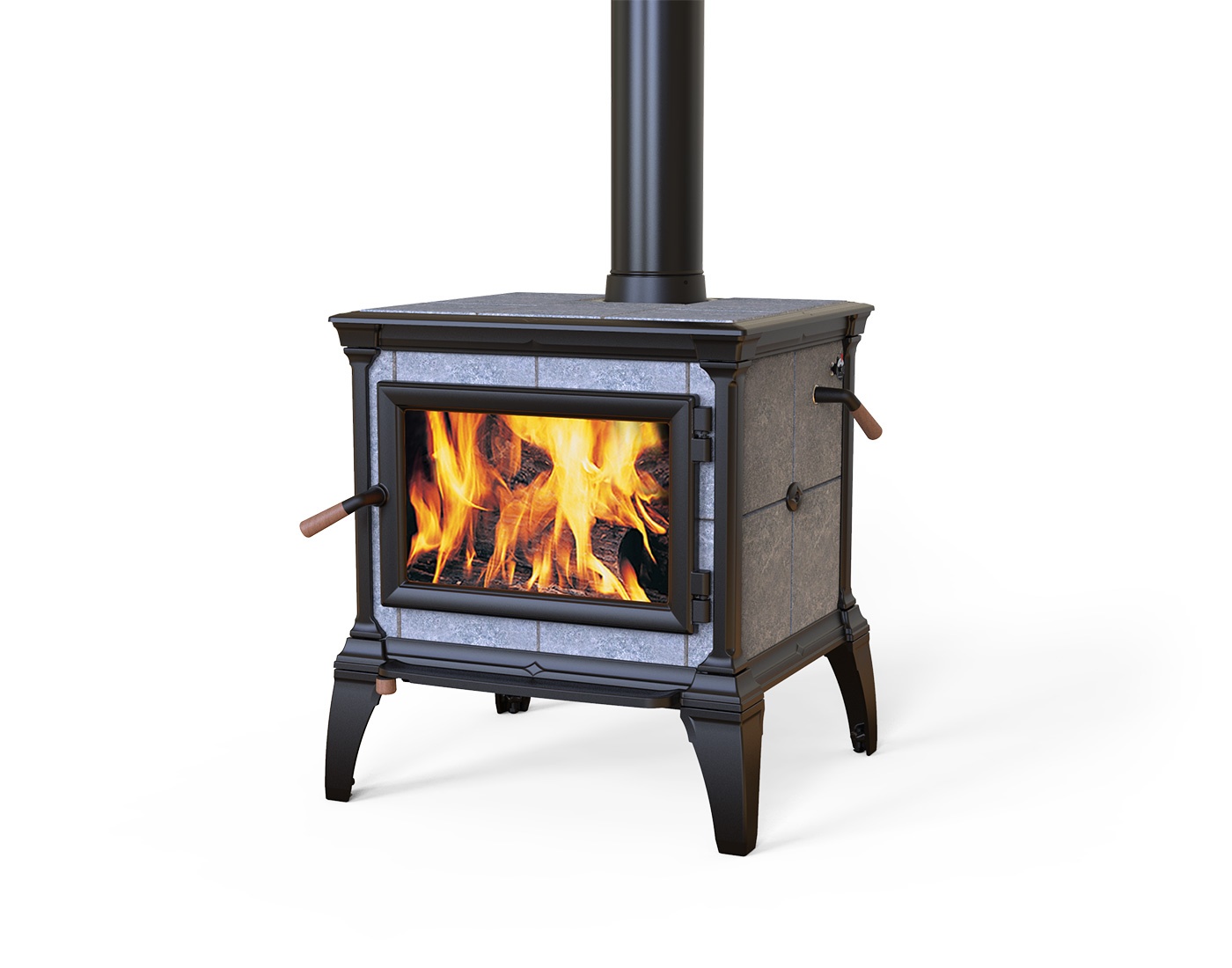 A Hearthstone Mansfield soapstone wood stove with a roaring fire