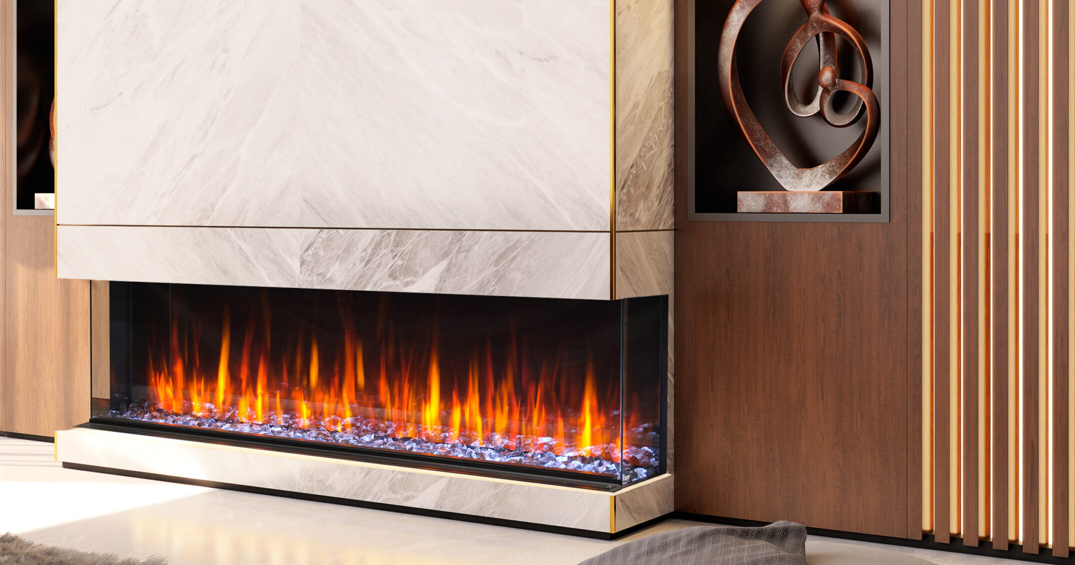 A Kozy Heat Osseo linear electric fireplace in a marble media wall