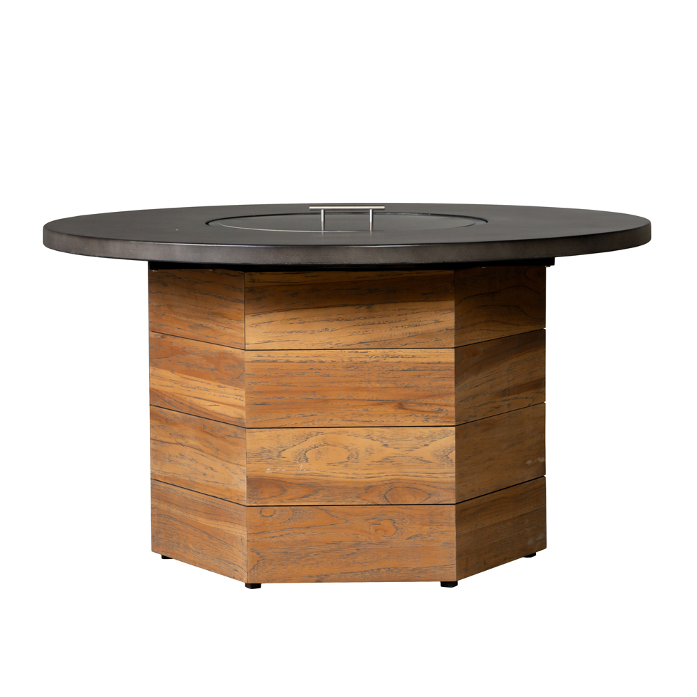 Teak 48” Hexagonal Fire Table with Faux Concrete
